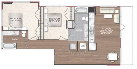 Floor plan for 2 beds, 2 baths, 1009 sqft